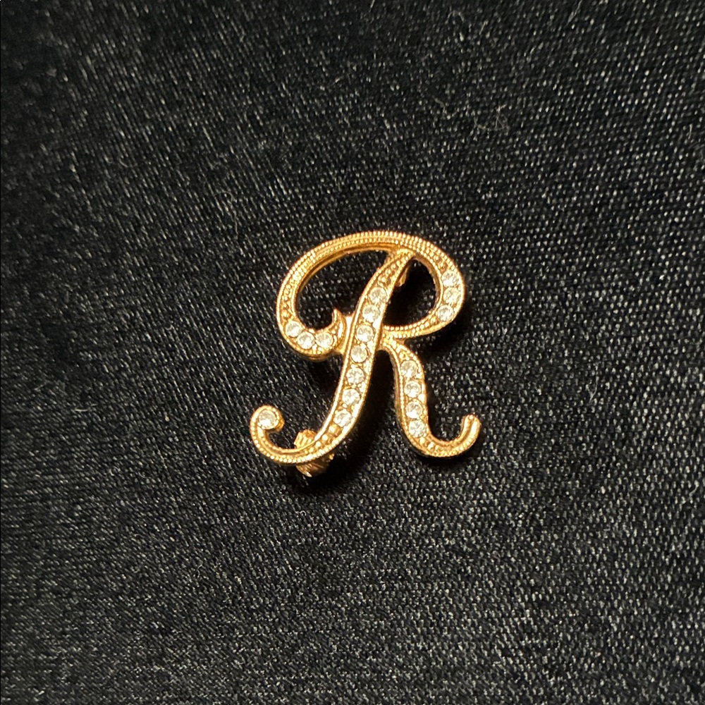 Vintage Gold Initial 'R' Crystal Accent Lapel Pin - Elegant Women's Jewelry